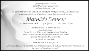 Traueranzeige von Mathilde Denker von Pegnitz-Zeitung